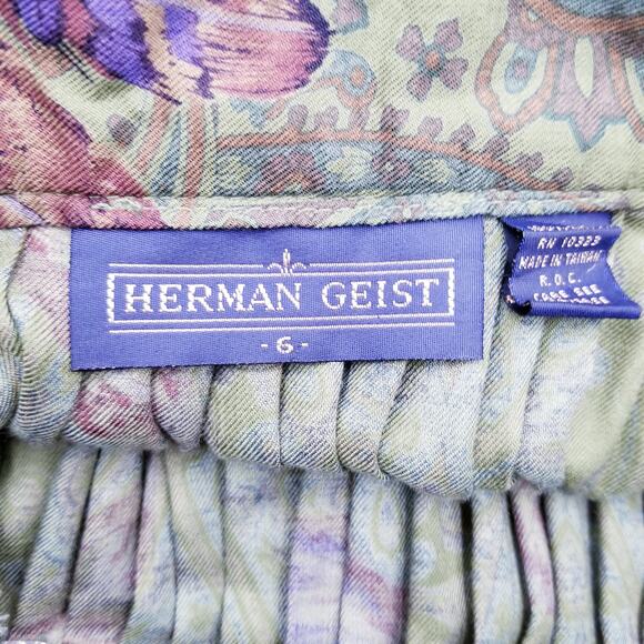 Vintage HERMAN GEIST 80s Full Pleat Rayon Midi Paisley Feather Motif Skirt - 6 - Picture 5 of 6